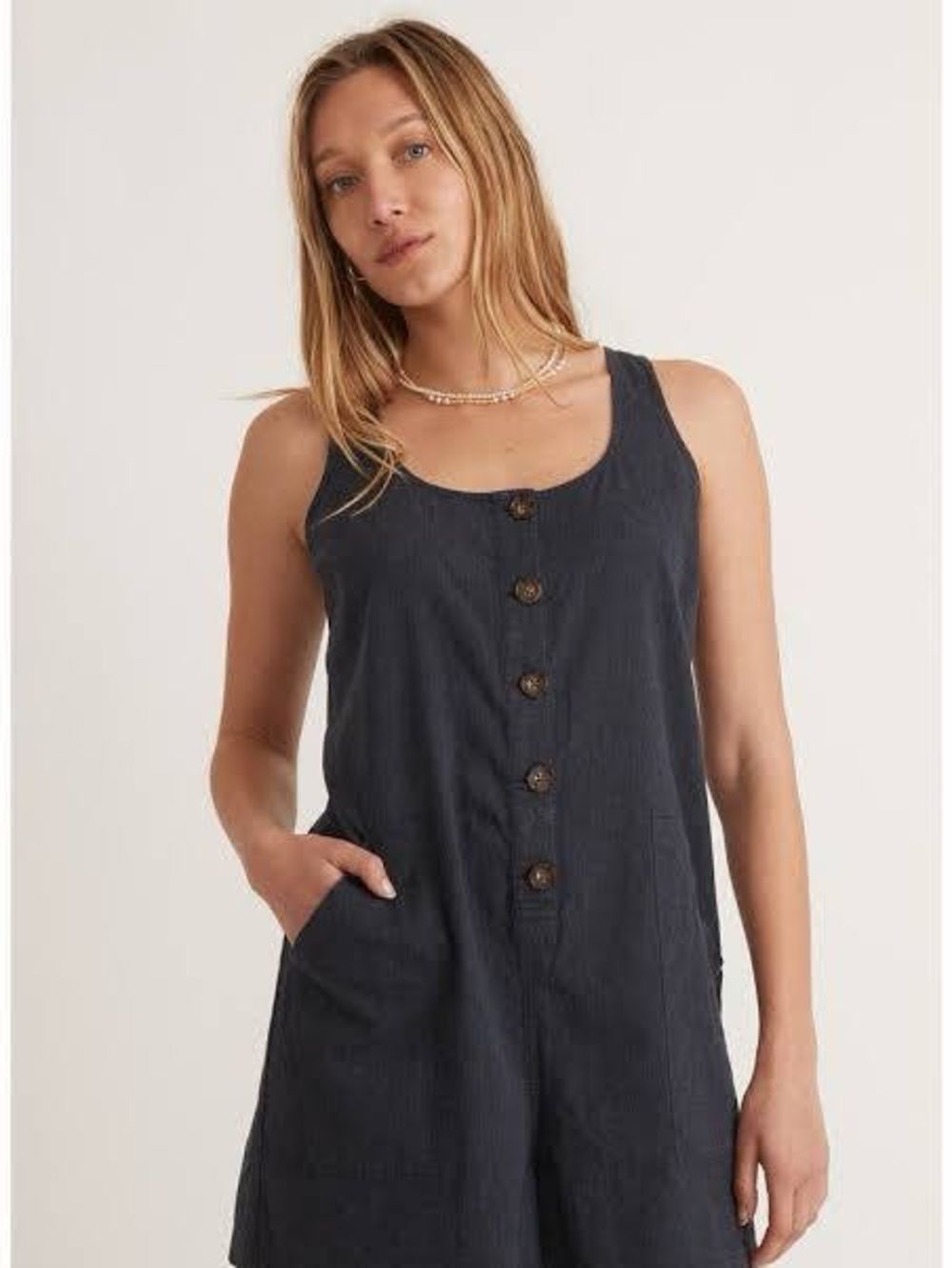 Marine Layer Navy Blue Linen Blend Button Front Romper Size M